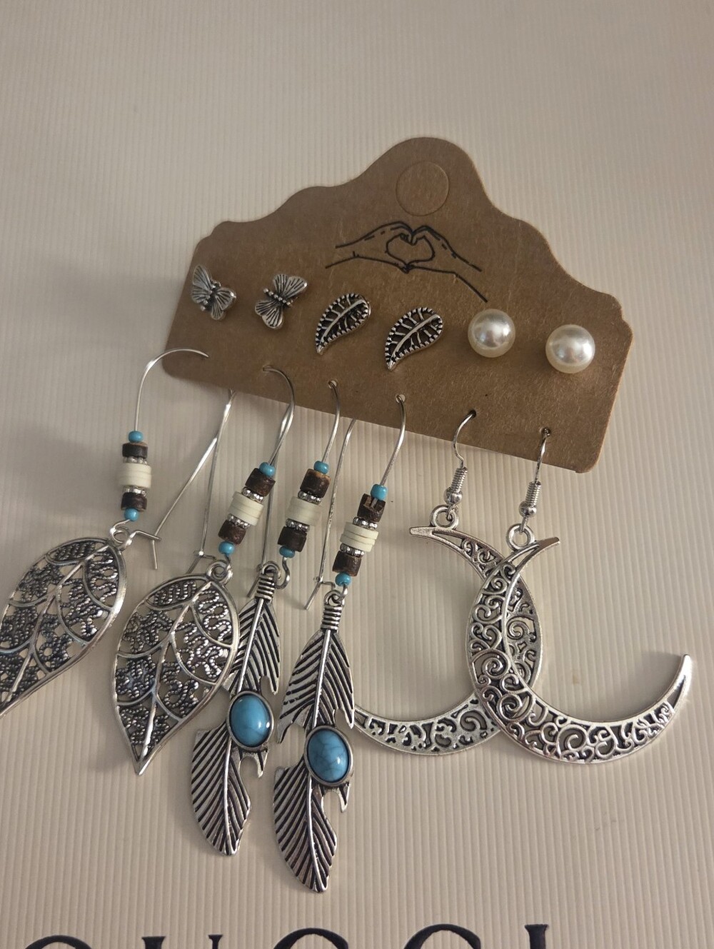 Boho Silver Feather & Turquoise Earring Set Of 6 NWT